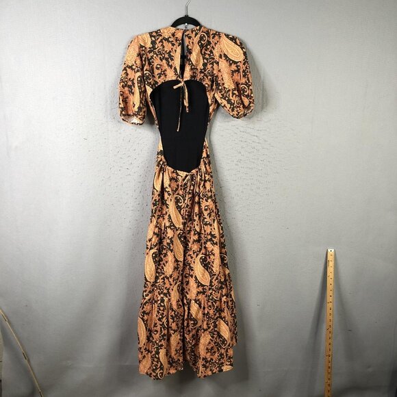 Charlie Holiday Dress Womens XS Black Orange Paisley Maxi Open Back Linen Boho - Picture 2 of 16